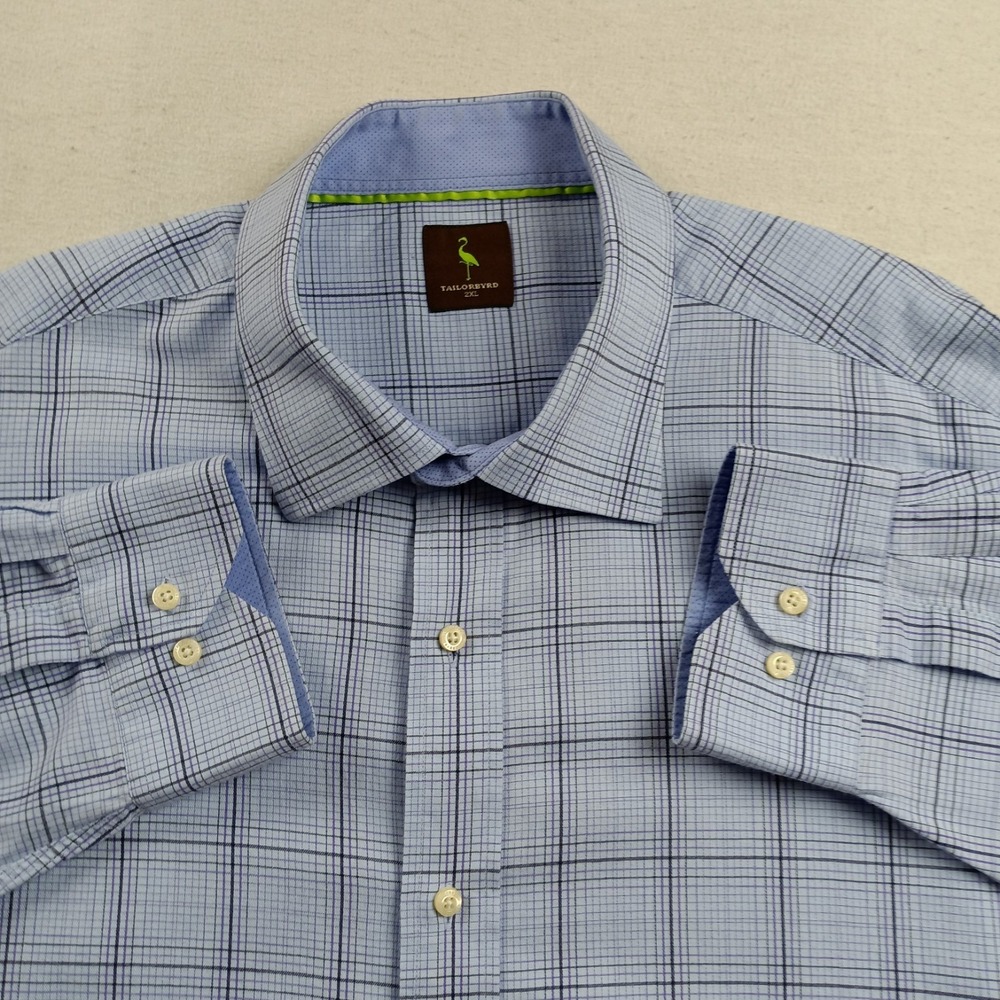 TailorByrd Mens Blue Plaid Cotton Long Sleeve Flip Cuff‎ Shirt Logo – 2XL